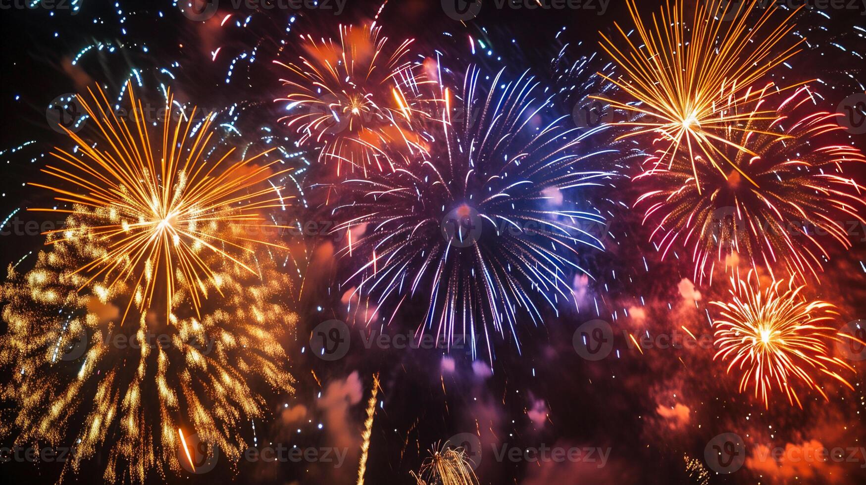 ai gegenereerd kleurrijk vuurwerk van divers kleuren over- nacht lucht achtergrond foto