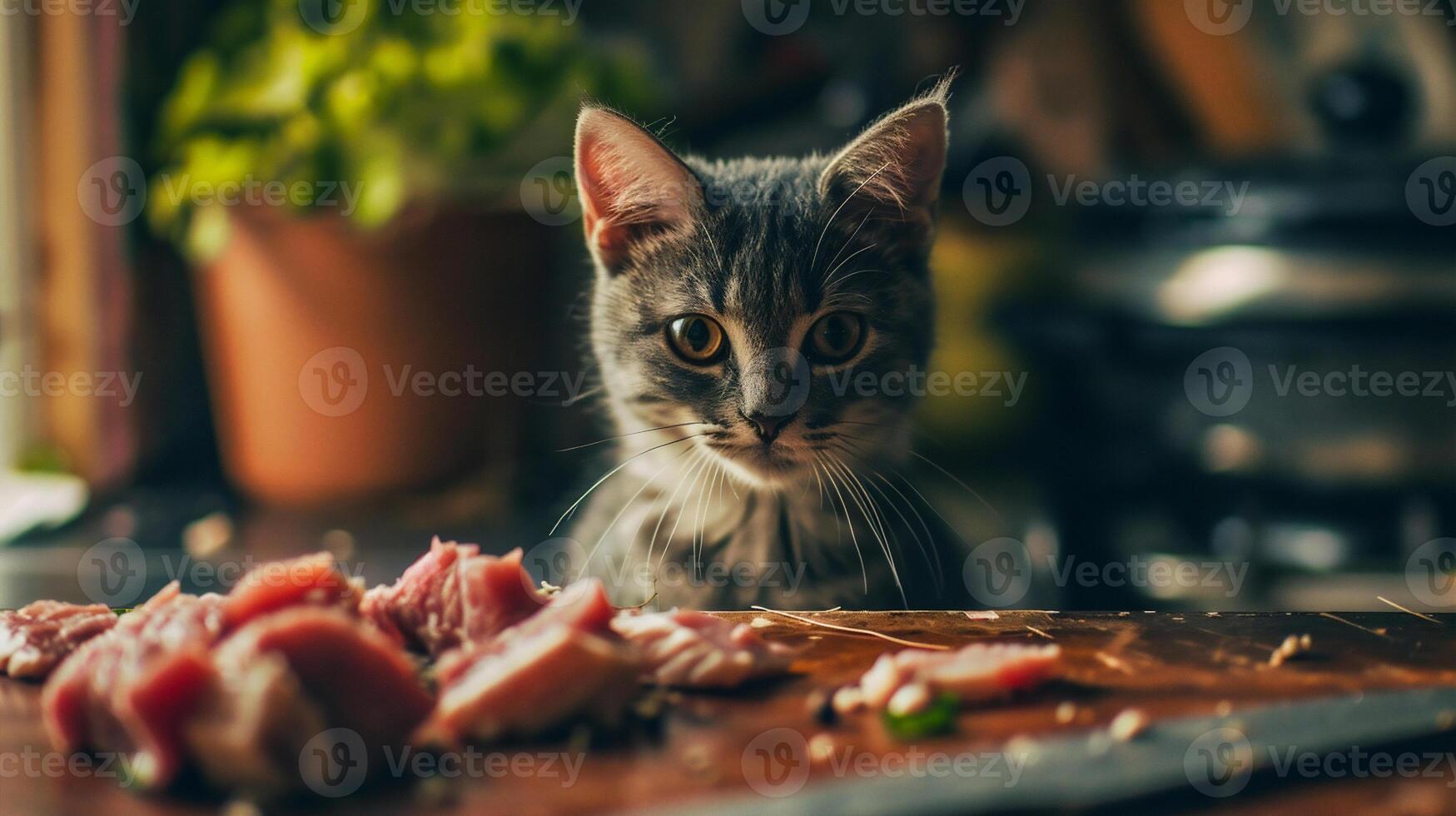 ai gegenereerd huiselijk kat aan het eten vlees in de keuken. selectief focus. foto