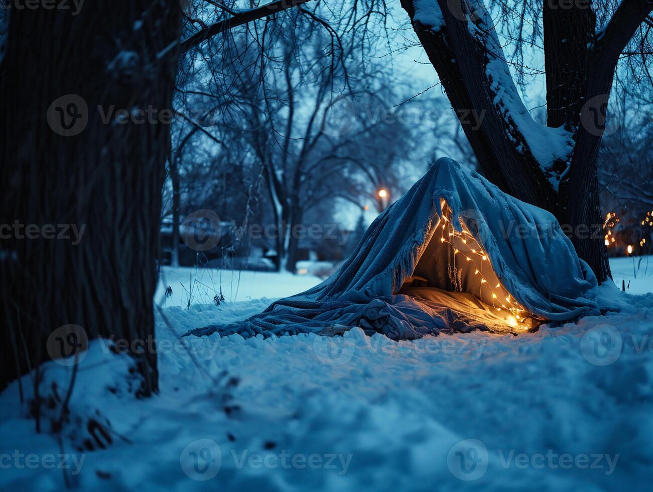 ai gegenereerd een tent in de winter Woud Bij nacht met een guirlande. foto