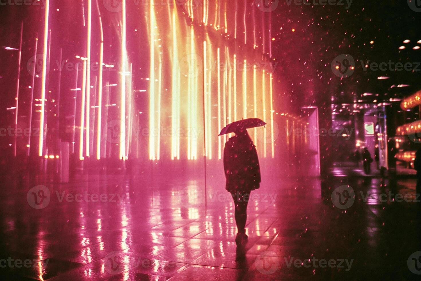 ai gegenereerd silhouet van een vrouw wandelen in de regen met een paraplu foto