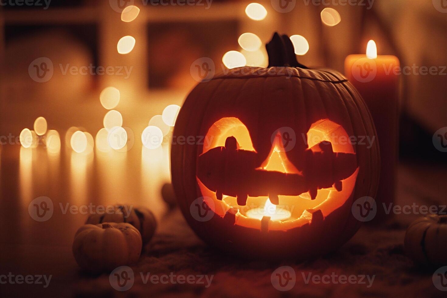 ai gegenereerd halloween pompoen hoofd jack O lantaarn met kaars licht Aan bokeh achtergrond foto