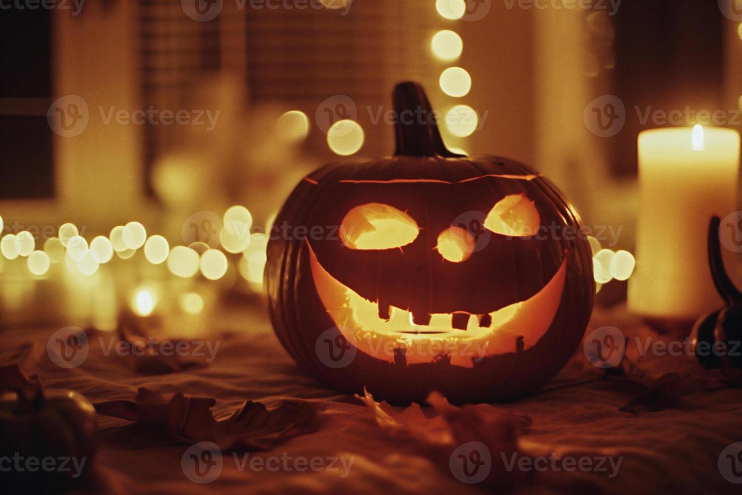 ai gegenereerd halloween pompoen hoofd jack O lantaarn met kaars licht Aan bokeh achtergrond foto