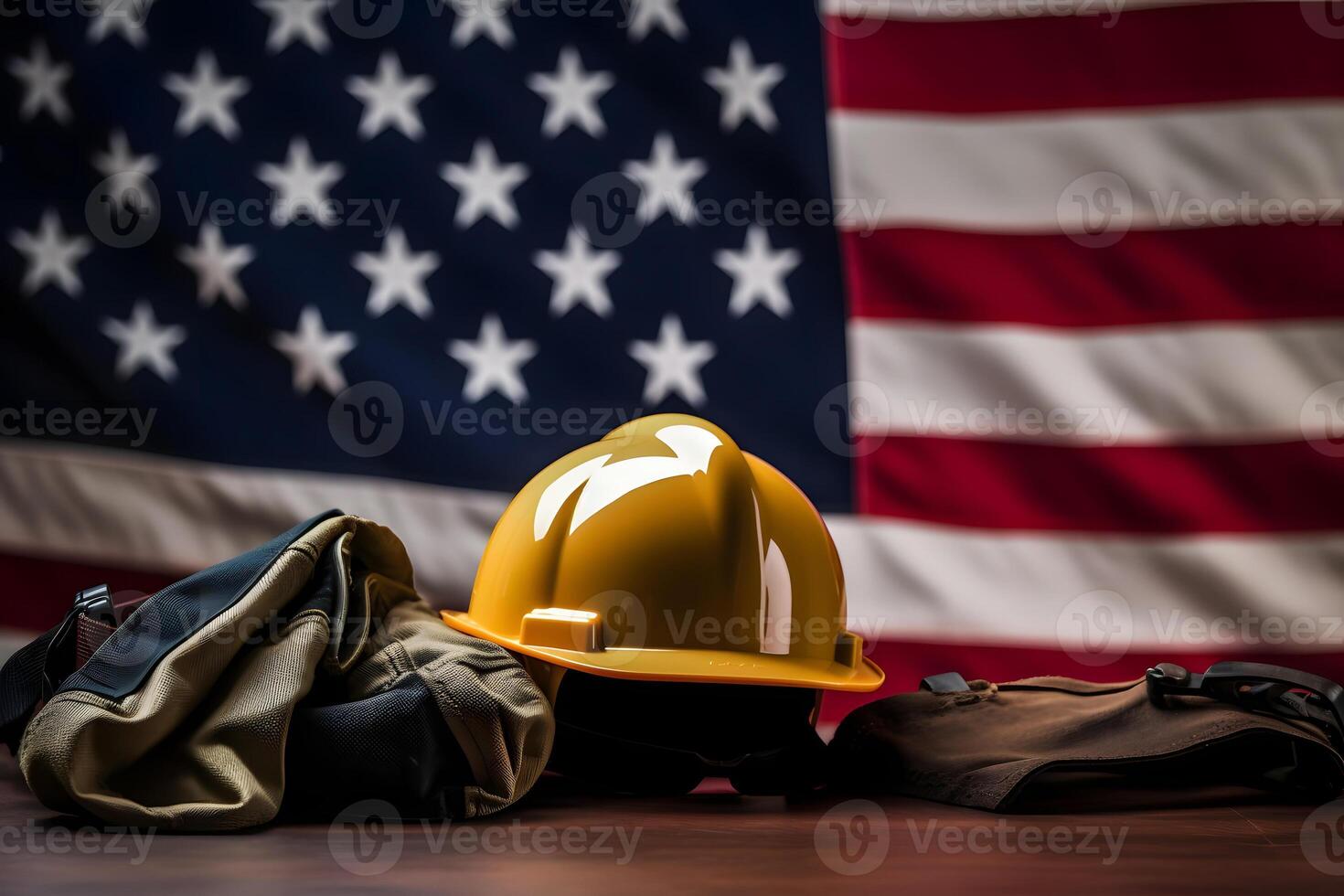 ai gegenereerd werkkleding en geel moeilijk hoed oftewel veiligheid helm Aan Verenigde staten van Amerika nationaal vlag voor arbeid dag thema, neurale netwerk gegenereerd fotorealistisch beeld foto