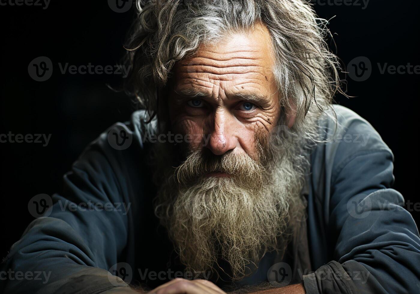 ai gegenereerd portret van ouderen boer Mens geïsoleerd Aan donker achtergrond, denken en op zoek. foto