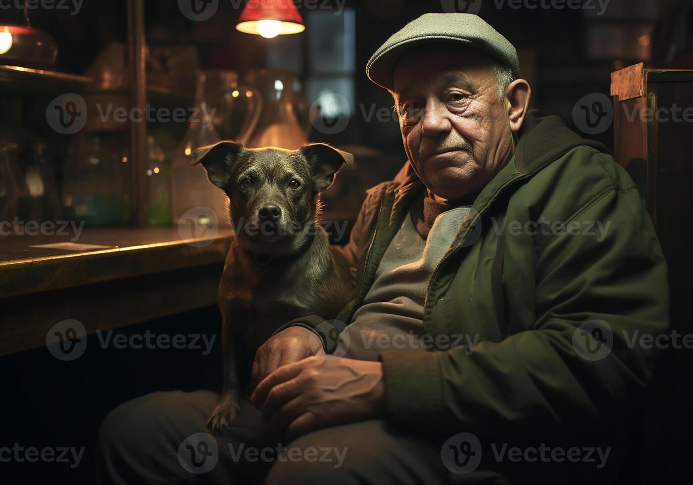 ai gegenereerd portret van een moment van genegenheid tussen een ouderen boer Mens en zijn hond. zorg en aandacht. huiselijk en boerderij dieren. foto