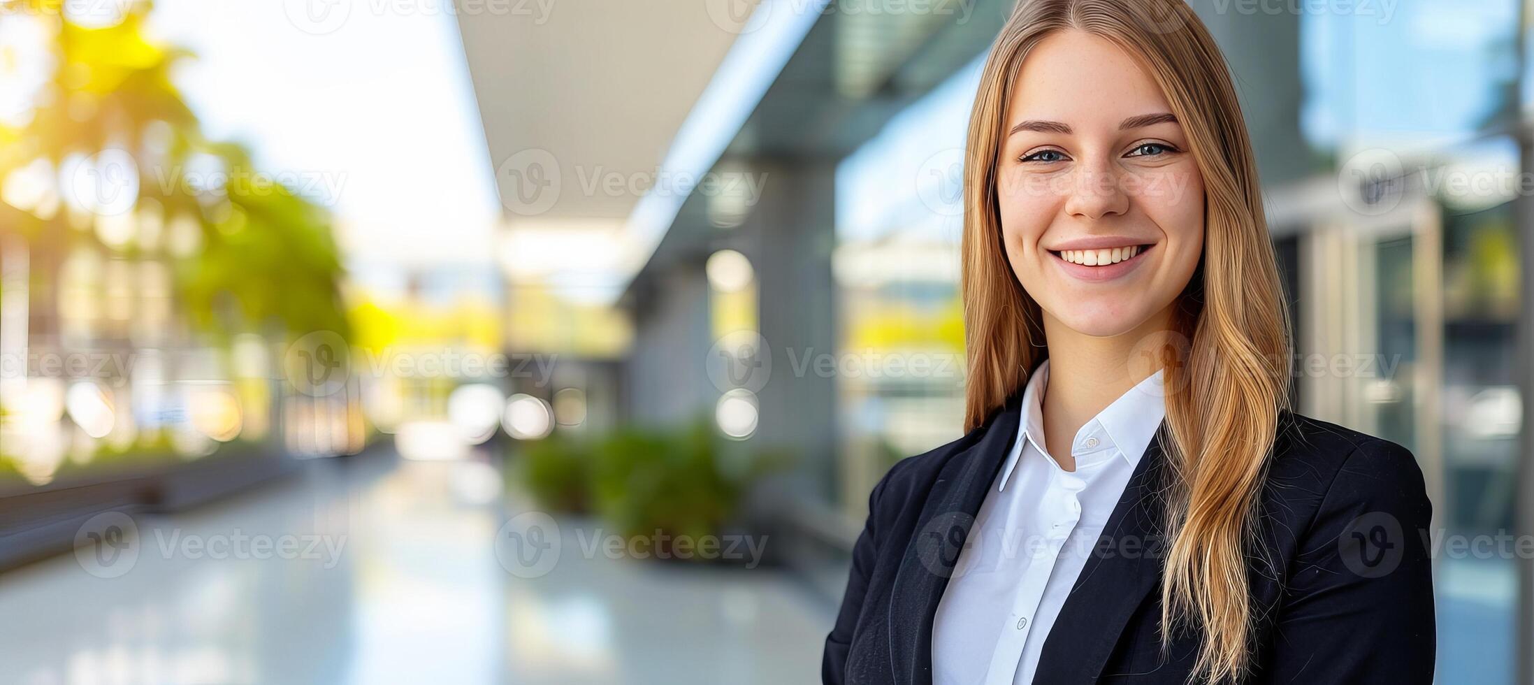 ai gegenereerd mooi jong bedrijf vrouw buitenshuis met wazig onscherp bedrijf centrum achtergrond foto