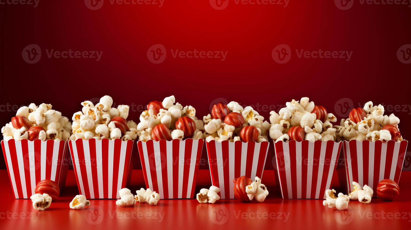 ai gegenereerd gestreept popcorn doos Aan rood helling achtergrond met uitgebreid leeg ruimte voor kopiëren ontwerp foto