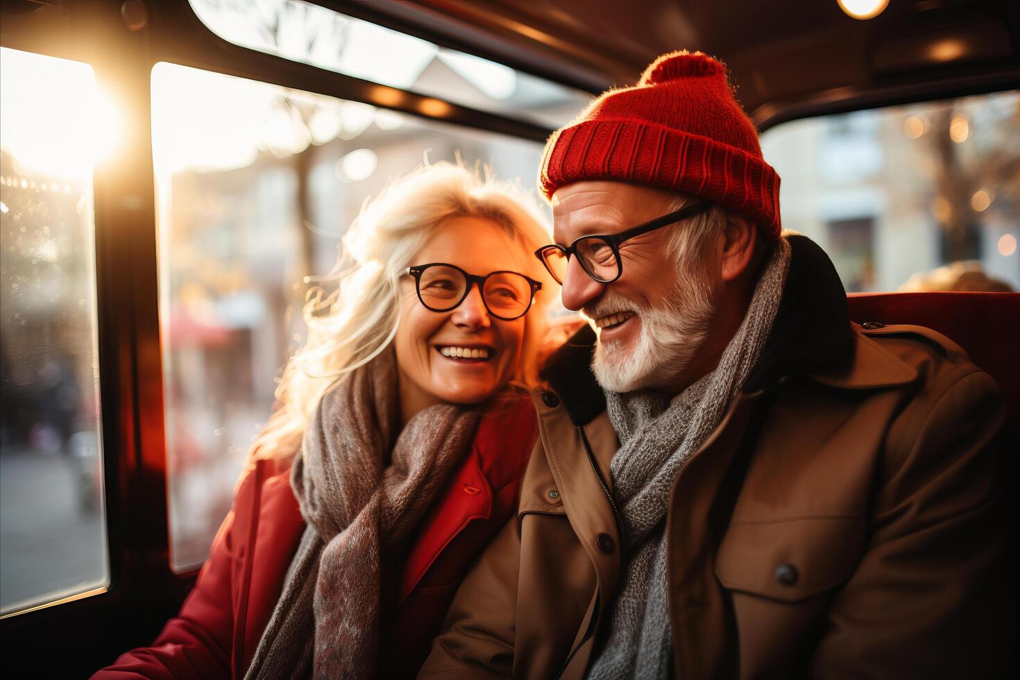 ai gegenereerd vrolijk ouderen paar op reis door bus Aan een wazig achtergrond met ruimte voor tekst plaatsing foto