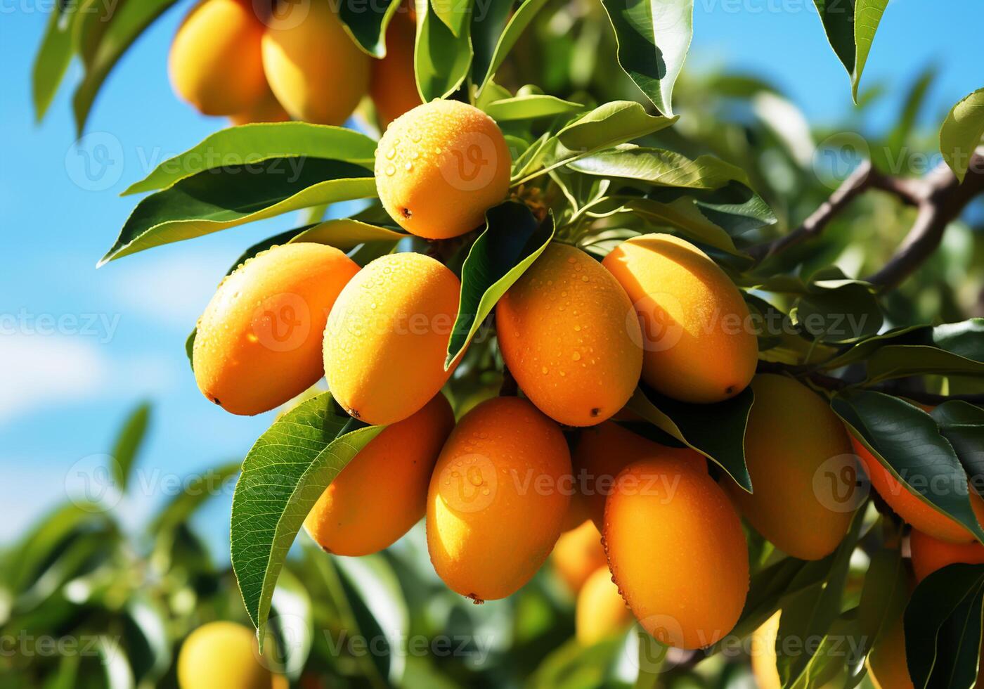 ai gegenereerd rijp en sappig mango's hangende Aan boom met blauw lucht. gezond voedsel. foto