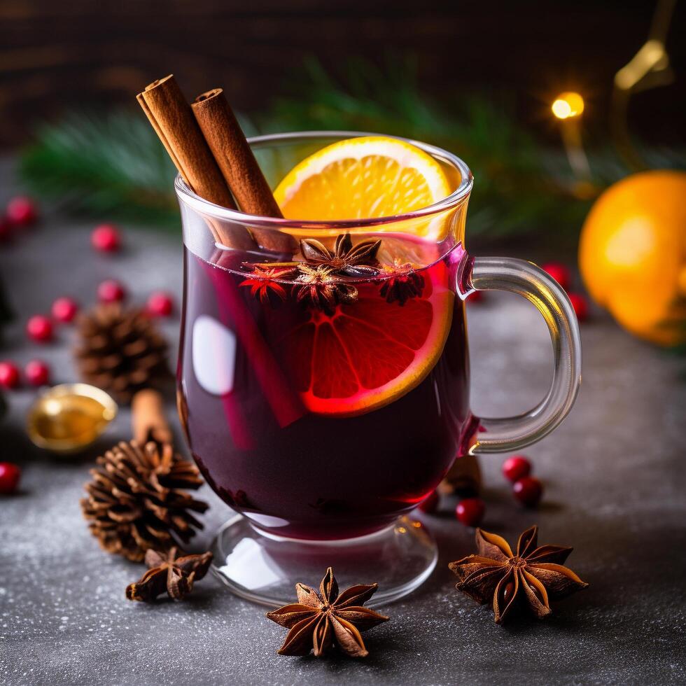 ai gegenereerd ai gegenereerd heerlijk Kerstmis overwogen wijn drinken met citrus, kaneel, specerijen. foto