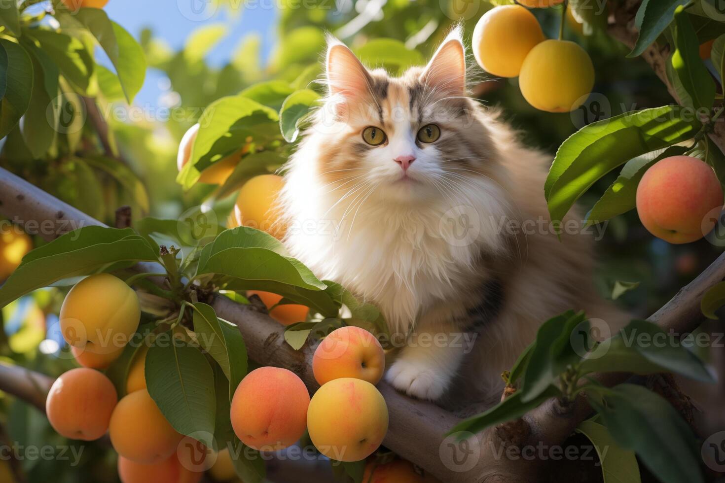 ai gegenereerd schattig pluizig kat Aan een boom met geel perziken foto