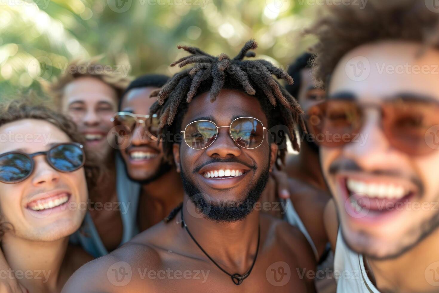 ai gegenereerd een herbruikbaar jong groep van gelukkig mensen duurt een selfie foto Aan een camera buiten