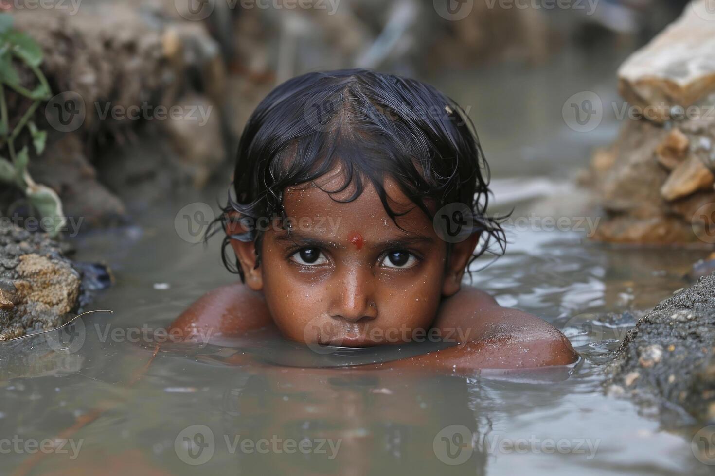 ai gegenereerd arm Indisch kinderen baden in de riolering water afvoer in de dorp foto