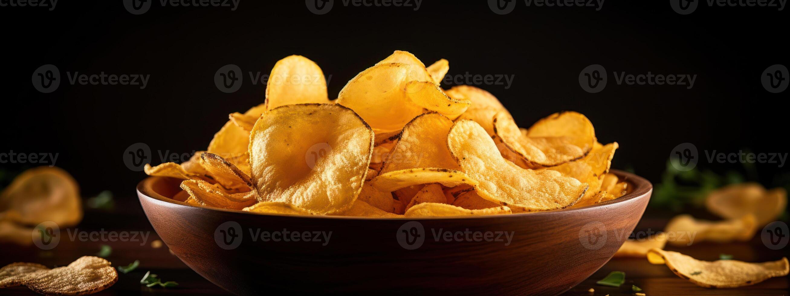 ai gegenereerd gouden aardappel chips in een houten schaal. foto
