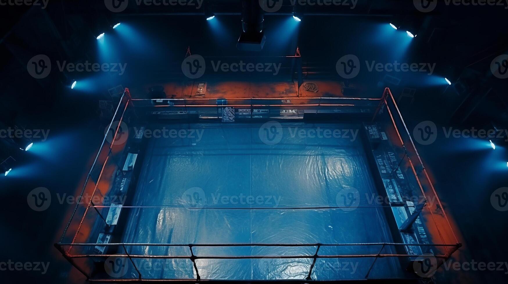 ai gegenereerd boksen ring verlichte door blauw lichten met een vaag atmosfeer. concept van boksen, sport- ring, sport- evenementen, wedstrijd, gevecht sport. foto