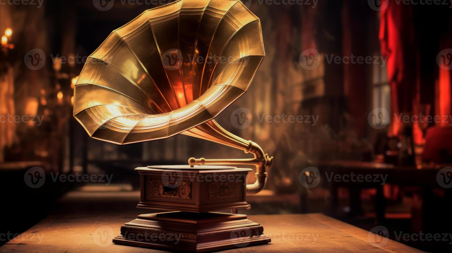 ai gegenereerd grammofoon met gouden toeter Aan wazig achtergrond van leven kamer. kan worden gebruikt in artikel, blog, website over wijnoogst muziek- spelers, antiek collecties, historisch inhoud foto