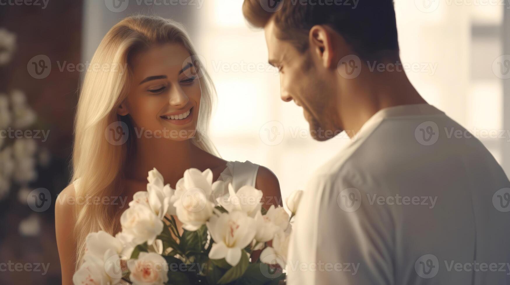 ai gegenereerd Mens geven een boeket van bloemen naar een vrouw. concept van liefde, affectie, en intiem momenten. ideaal voor relatie, dating thema's en valentijnsdag feesten, verjaardag geschenk. foto