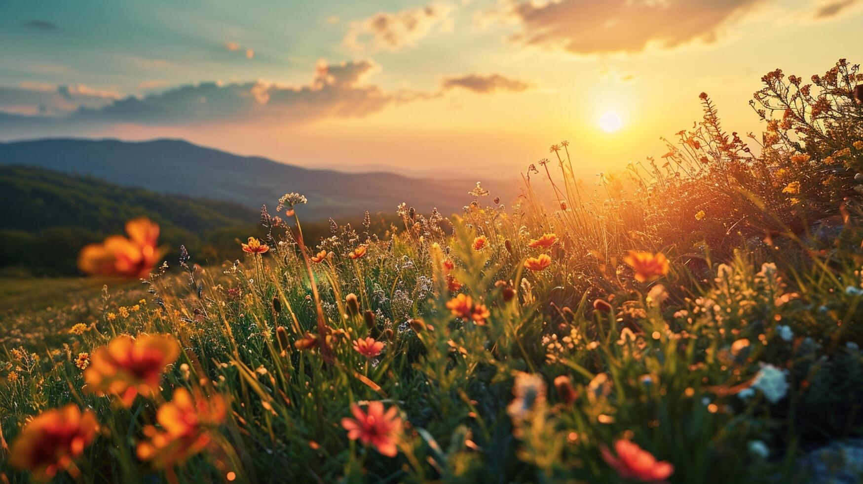 ai gegenereerd idyllisch weide met bloeiend planten onder een dramatisch zonsondergang lucht. foto