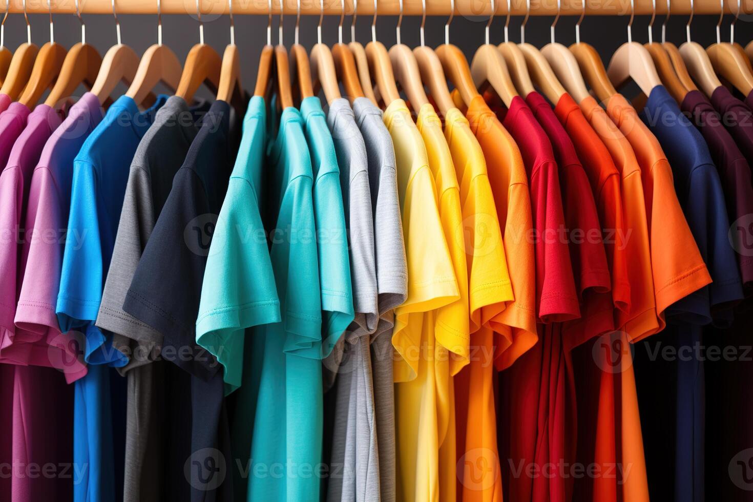 ai gegenereerd t overhemden van helder kleuren hing Aan een hanger Aan een houten rek in de bestellen van kleuren vergelijkbaar naar de regenboog foto