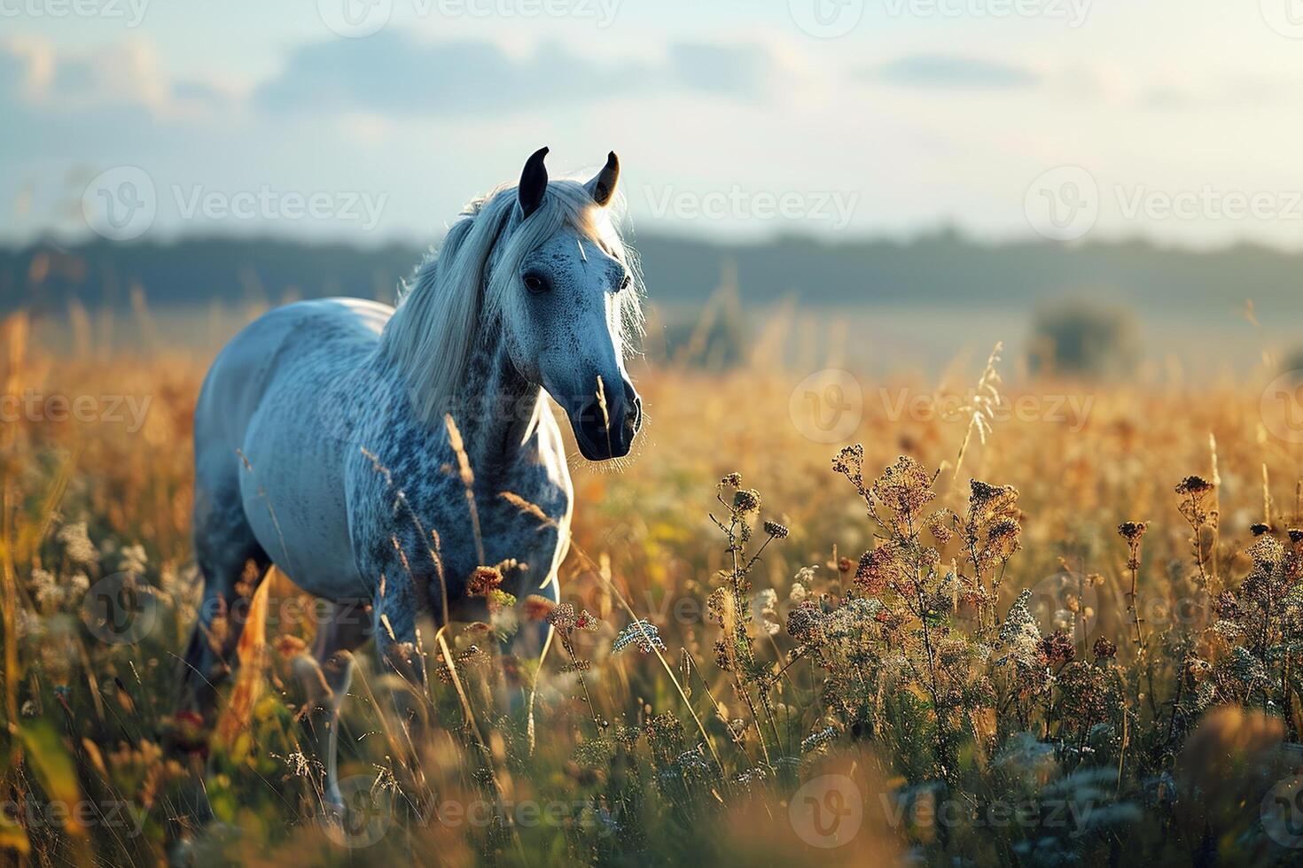 ai gegenereerd wild wit paard begrazing in een weide Bij zonsondergang Aan wazig achtergrond foto