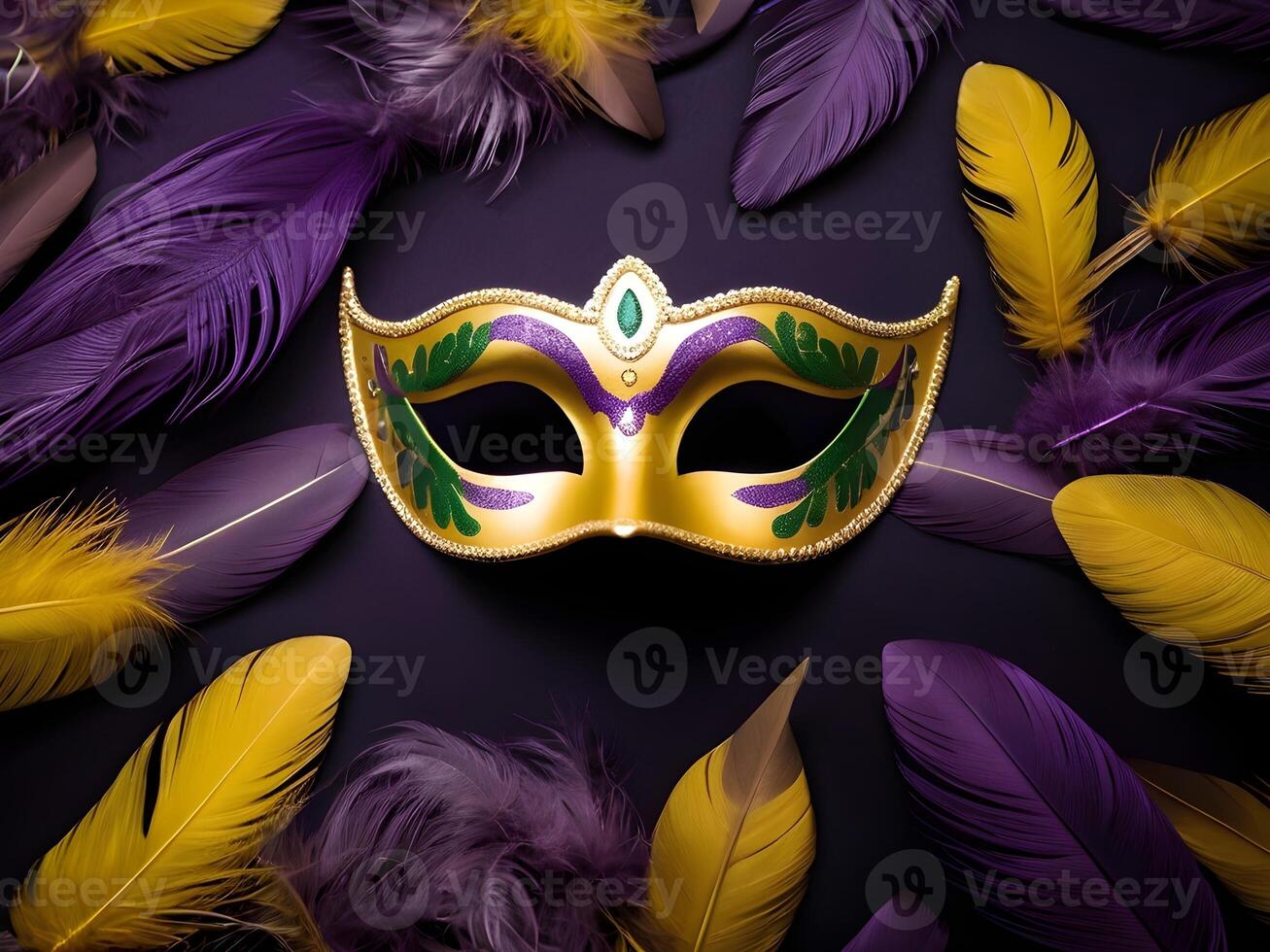 ai gegenereerd een mardi gras masker omringd door Purper en geel veren foto