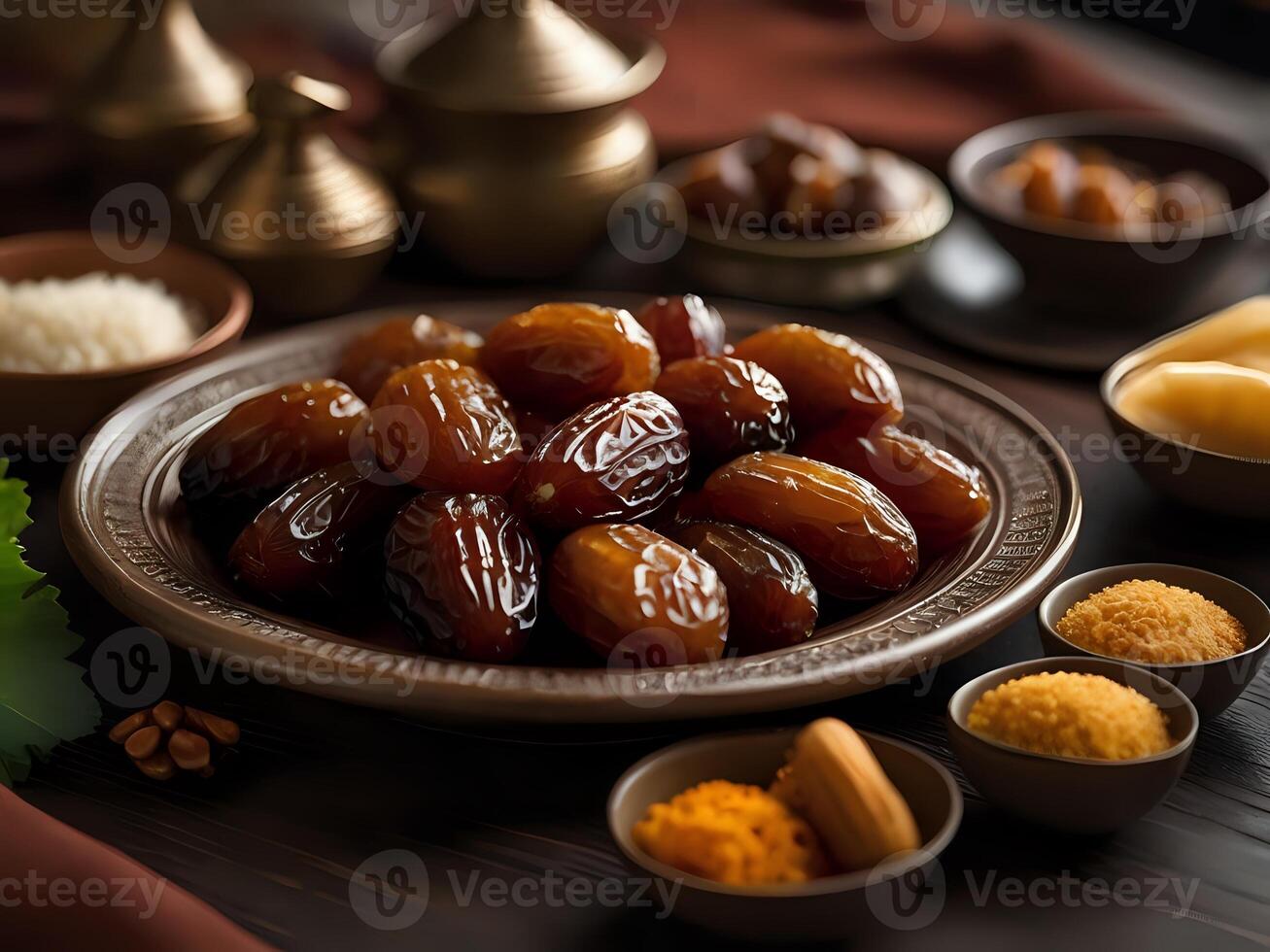 ai gegenereerd Arabisch datums met specerijen en specerijen Aan een houten tafel foto