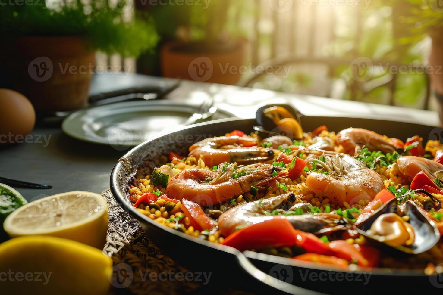 ai gegenereerd traditioneel Spaans zeevruchten paella met rijst, mosselen, garnalen in een pan. generatief ai foto