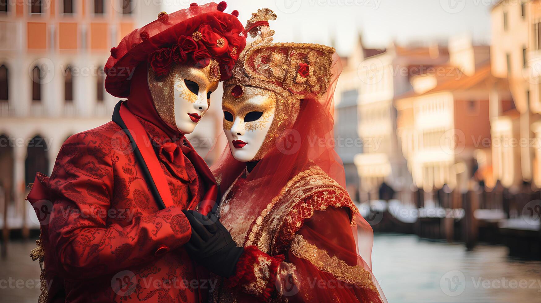 ai gegenereerd carnaval festival in Venetië paar van barok maskers foto