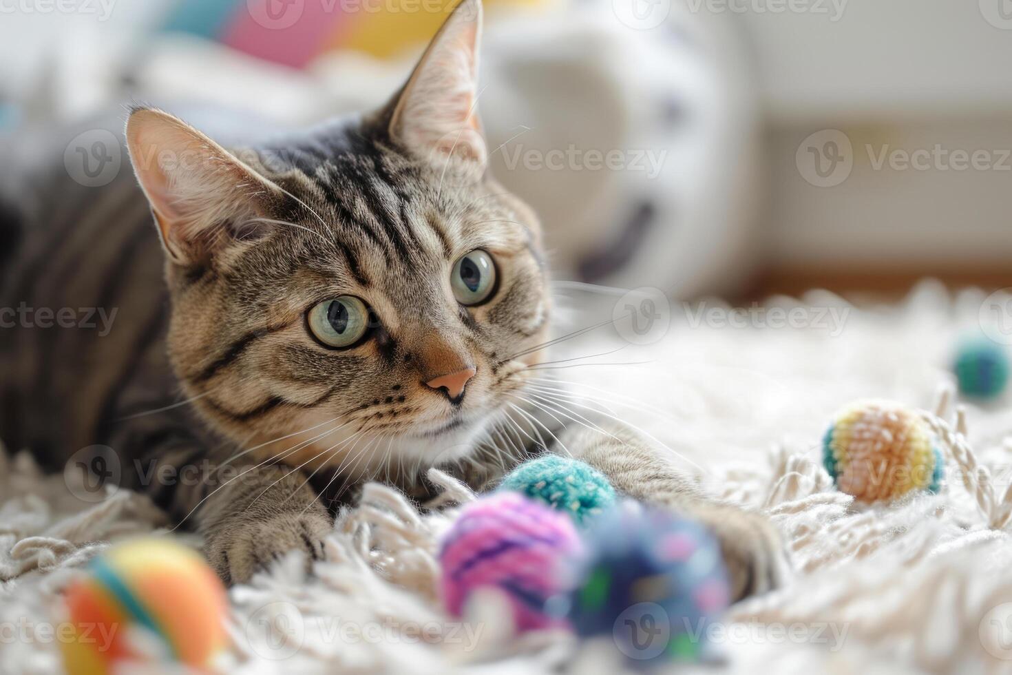 ai gegenereerd schattig kat Toneelstukken met speelgoed. generatief ai foto