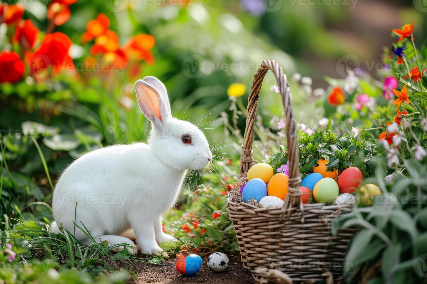 ai gegenereerd wit konijn met een mand vol van kleurrijk Pasen eieren Aan groen achtergrond. generatief ai foto
