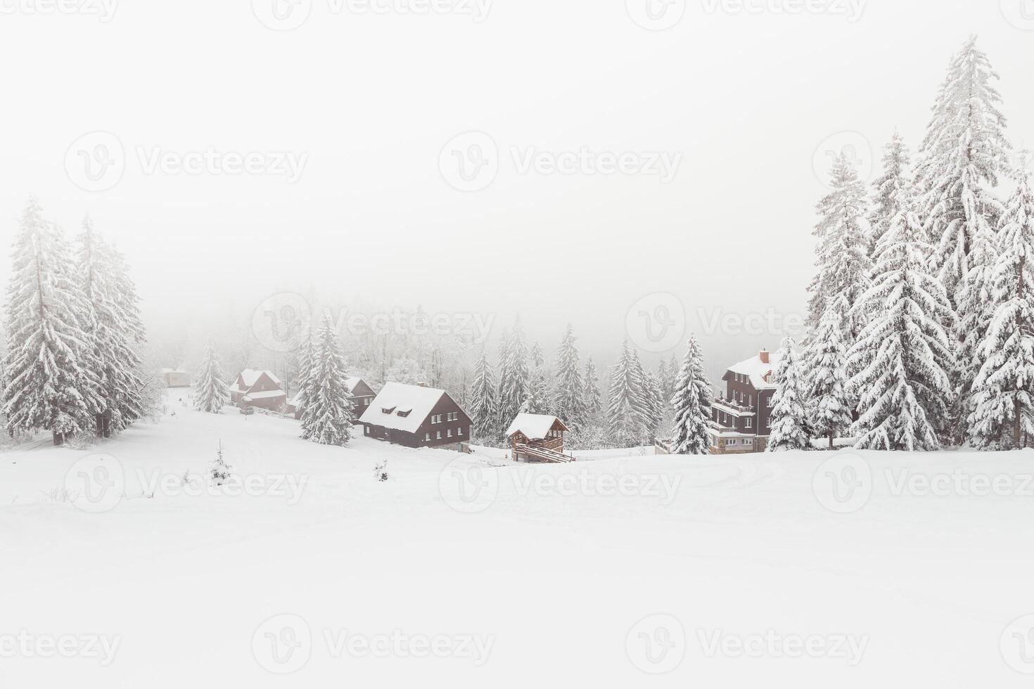 mistig ochtend- in een besneeuwd landschap in visalaje, beskydy bergen in de oostelijk een deel van de Tsjechisch republiek. wit fee verhaal in winter maanden foto
