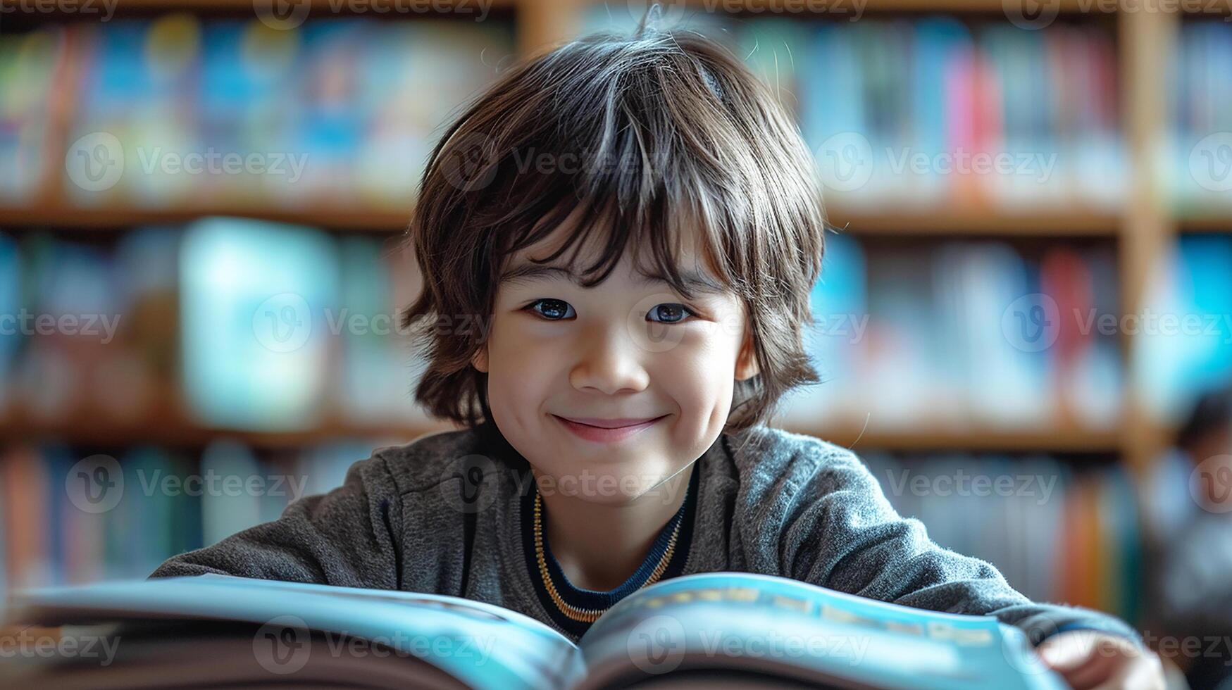 ai gegenereerd gelukkig mooi kind lezing een boek in school- bibliotheek foto