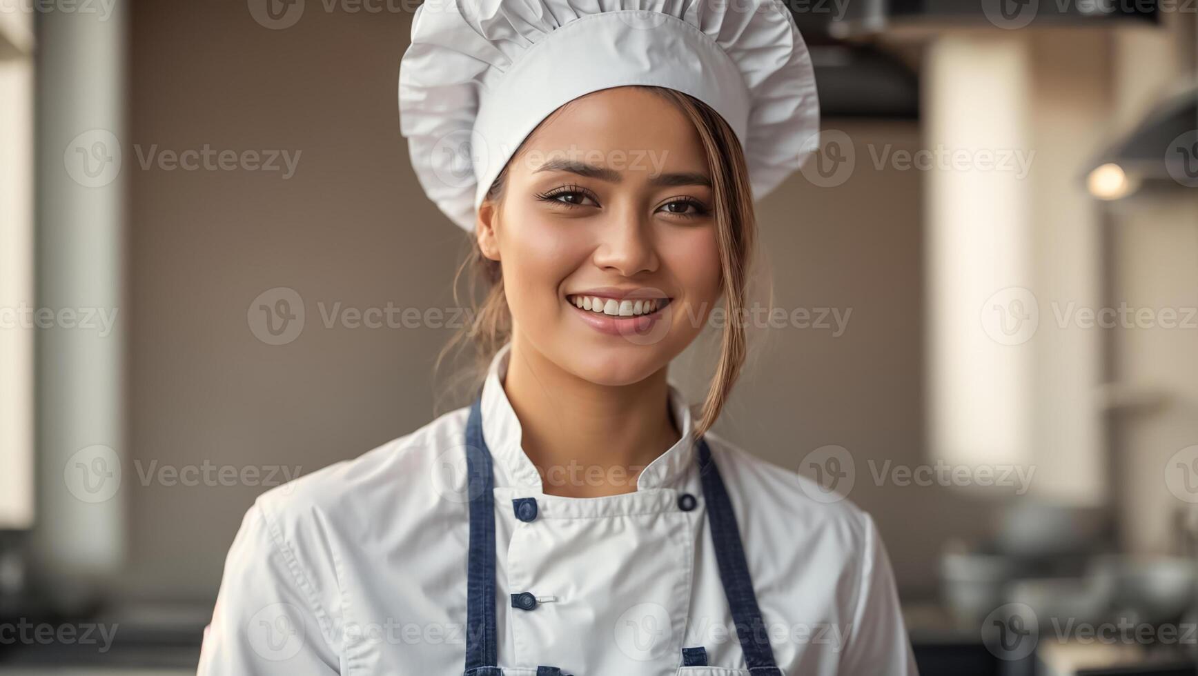 ai gegenereerd gelukkig vrouw koken in restaurant keuken foto