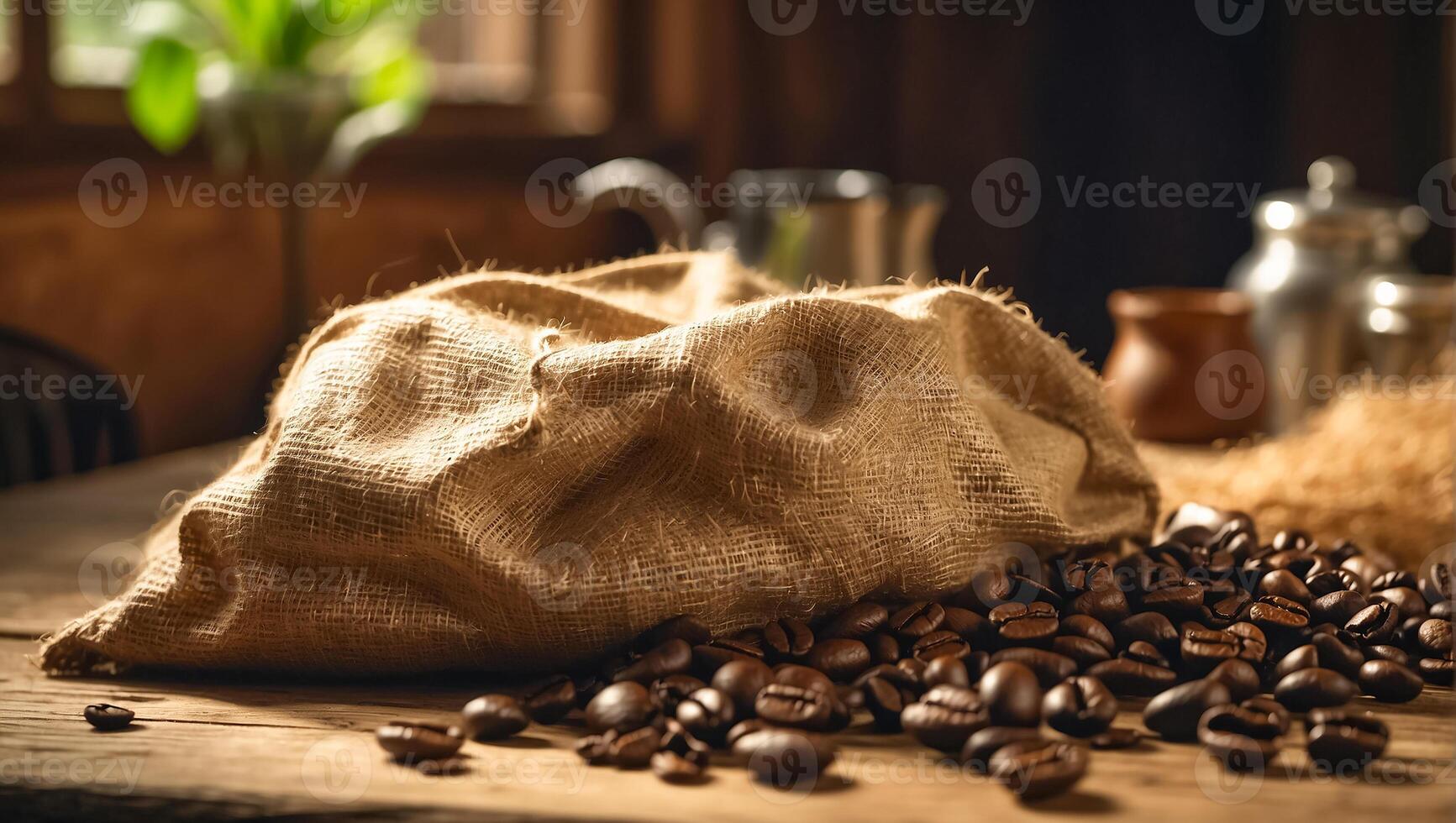 ai gegenereerd zak van koffie bonen in de keuken foto