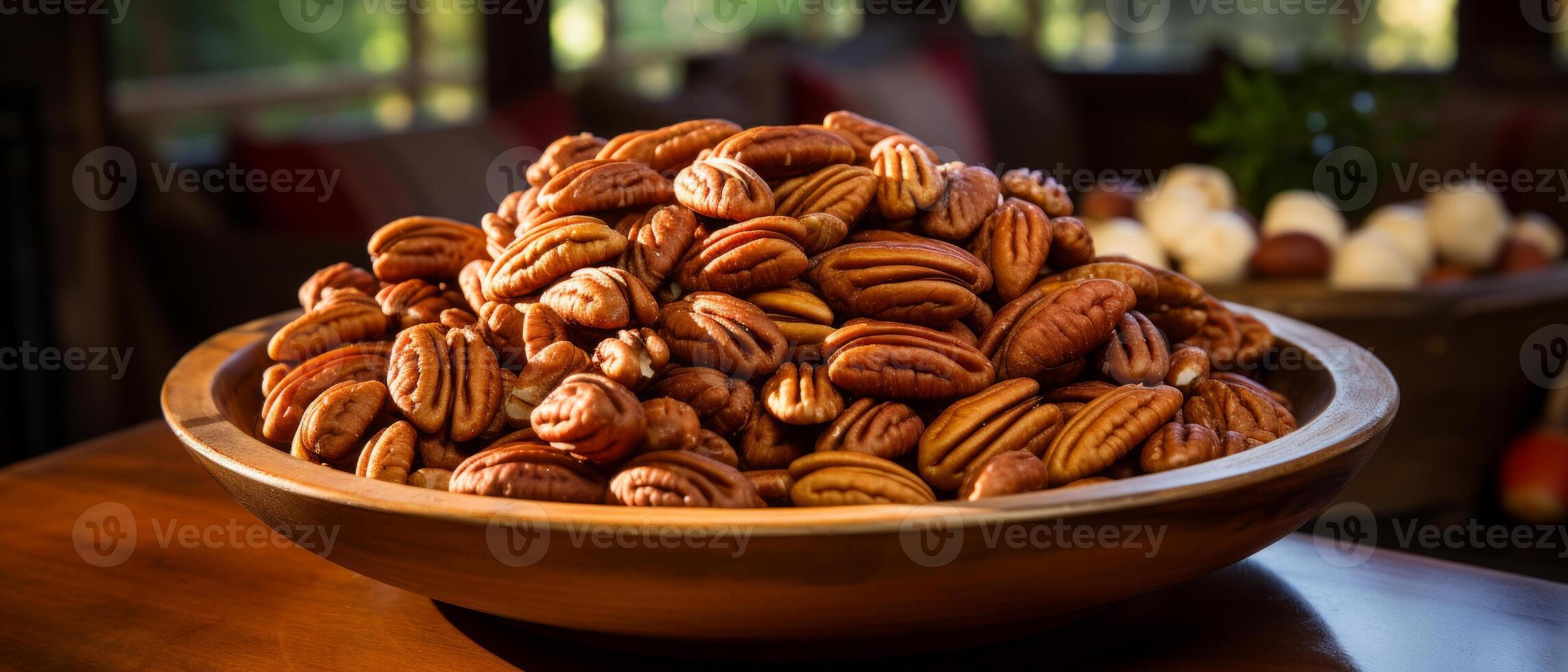 ai gegenereerd pecannoten in een kom Aan een rustiek houten tafel. foto