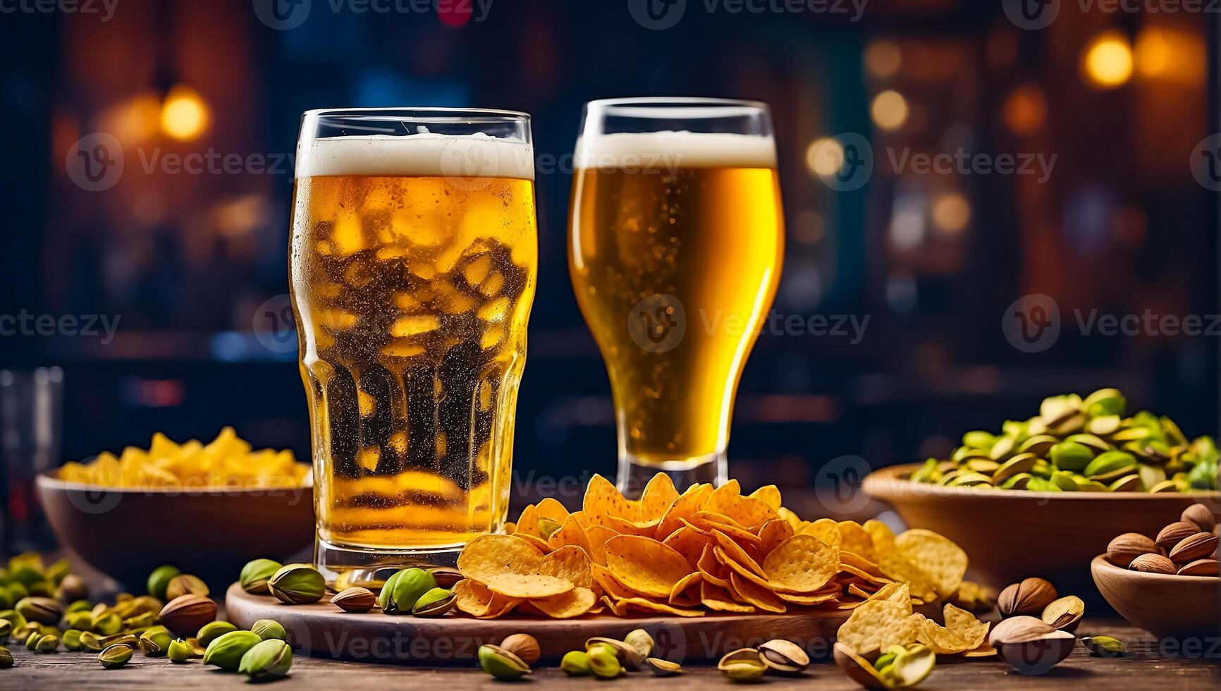 ai gegenereerd bril met licht bier, divers snacks Aan de tafel foto