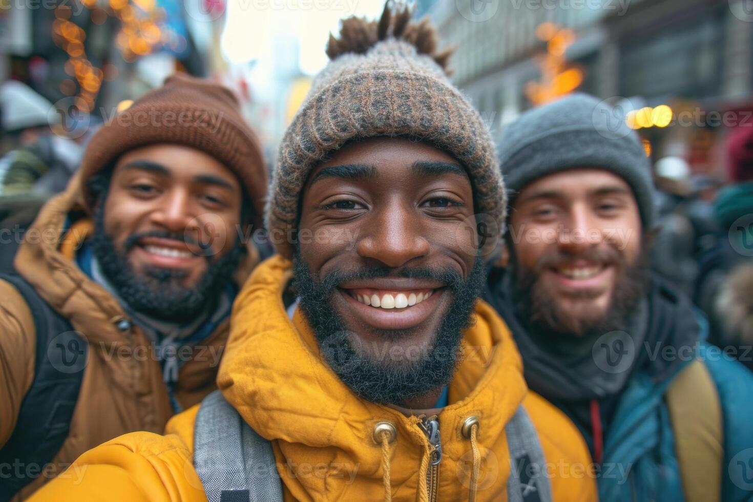 ai gegenereerd een herbruikbaar jong groep van gelukkig mensen duurt een selfie foto Aan een camera buiten