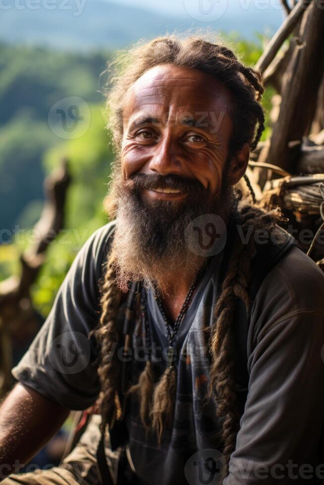 ai gegenereerd portret van een vrolijk reiziger tegen de achtergrond van natuur foto