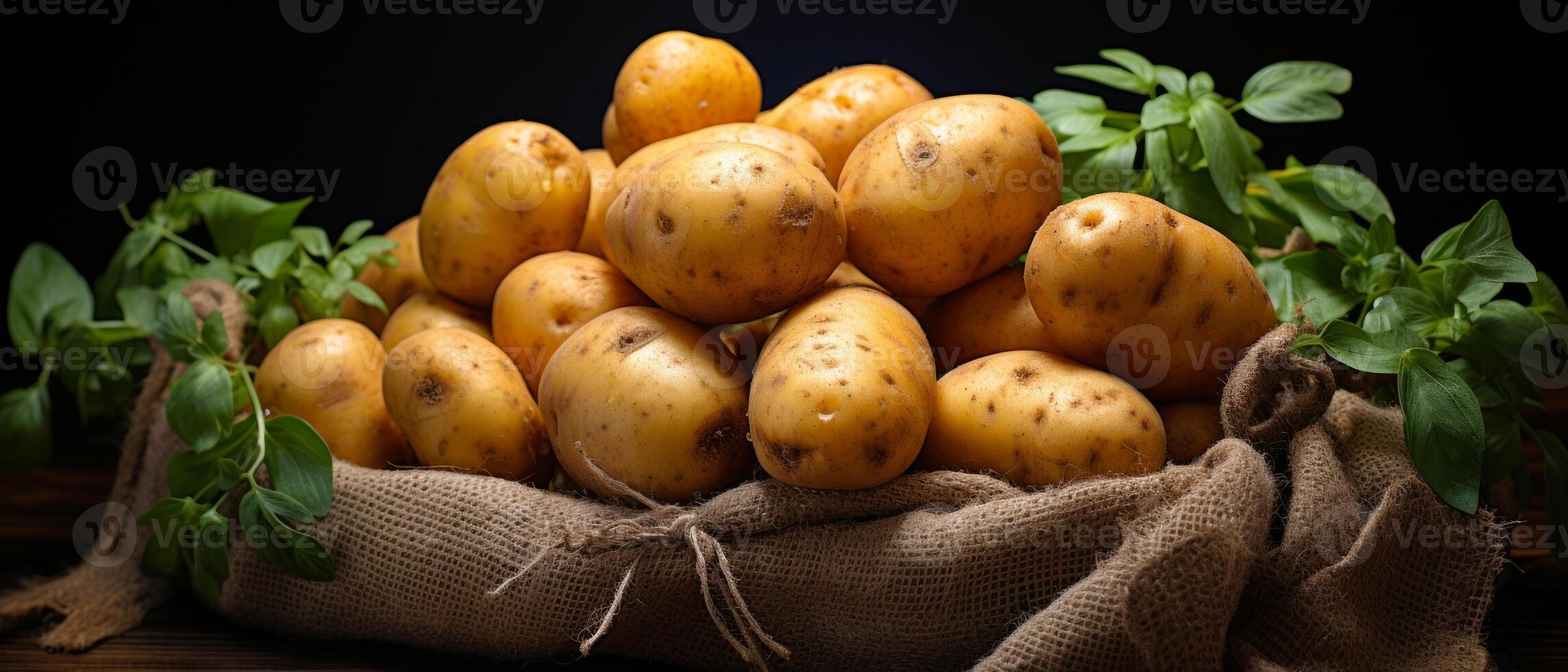 ai gegenereerd rustiek Scherm van aardappelen Aan een jute zak en groen blad. foto