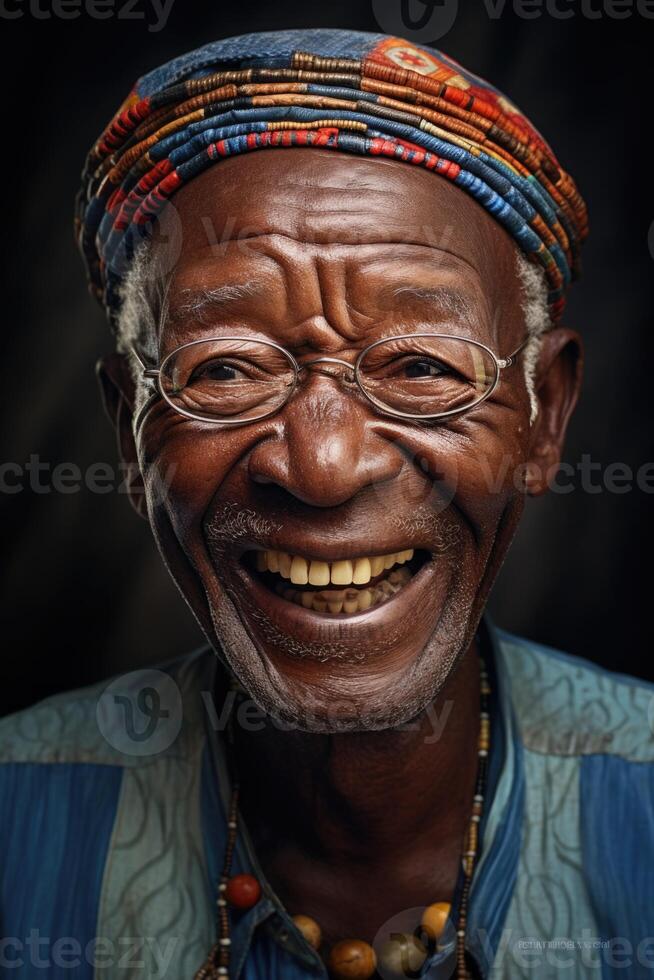 ai gegenereerd portret van een grappig Afrikaanse oud Mens met een baard Aan een zwart achtergrond foto