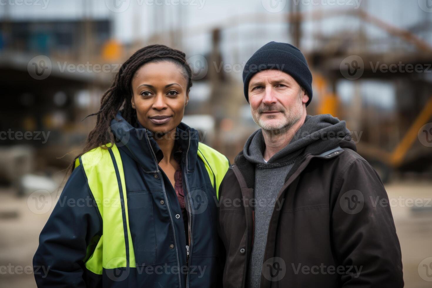 ai gegenereerd portret van twee professioneel ingenieurs of technici staand in de achtergrond van een bouw plaats foto