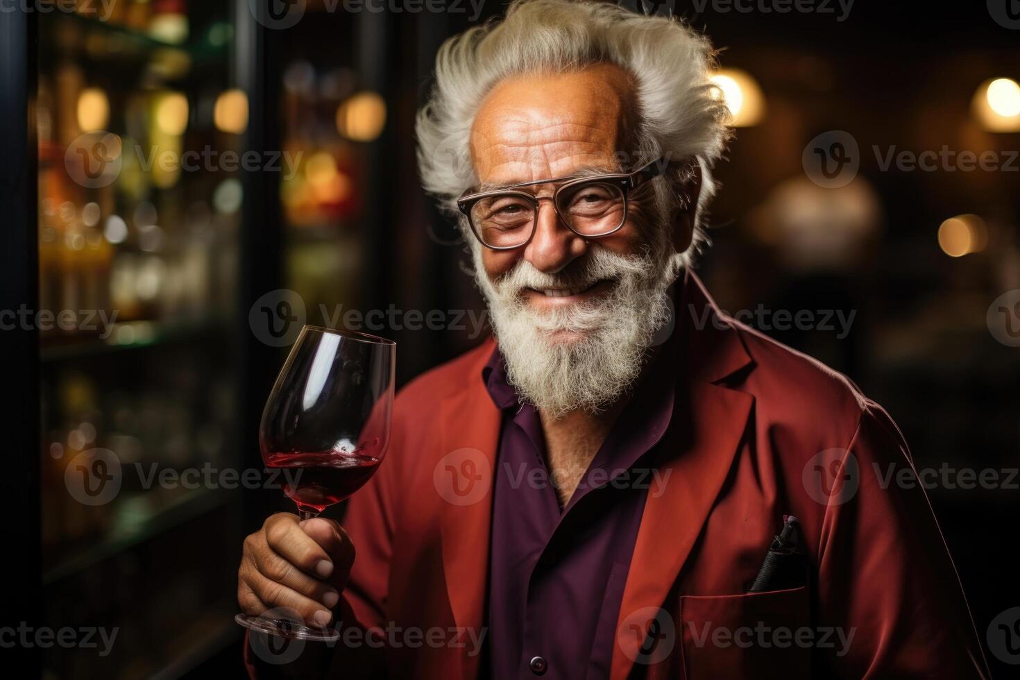 ai gegenereerd een zelfverzekerd, ouderen, positief, glimlachen Mens met een baard proeverij rood wijn in zijn wijn kelder foto