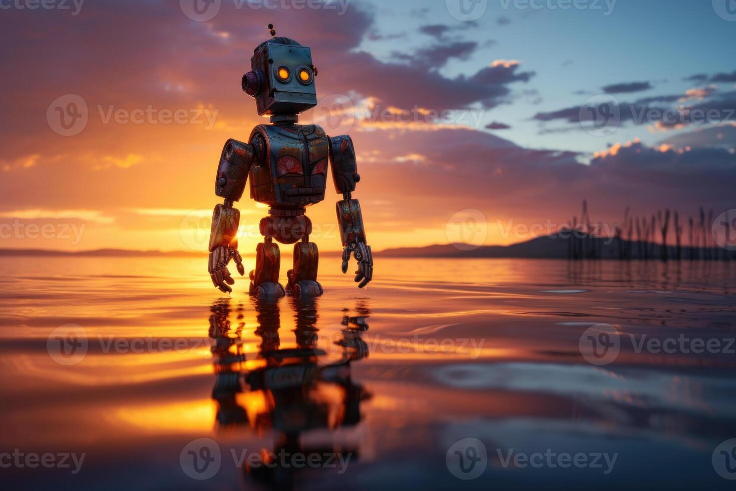 ai gegenereerd een robot van de toekomst wandelingen Aan water Bij zonsondergang. robotisering foto
