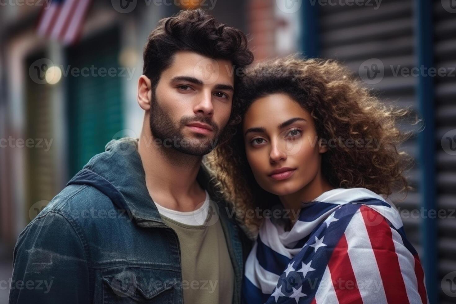 ai gegenereerd portret van een Mens en een vrouw patriotten van hun land tegen de achtergrond van een stad straat foto