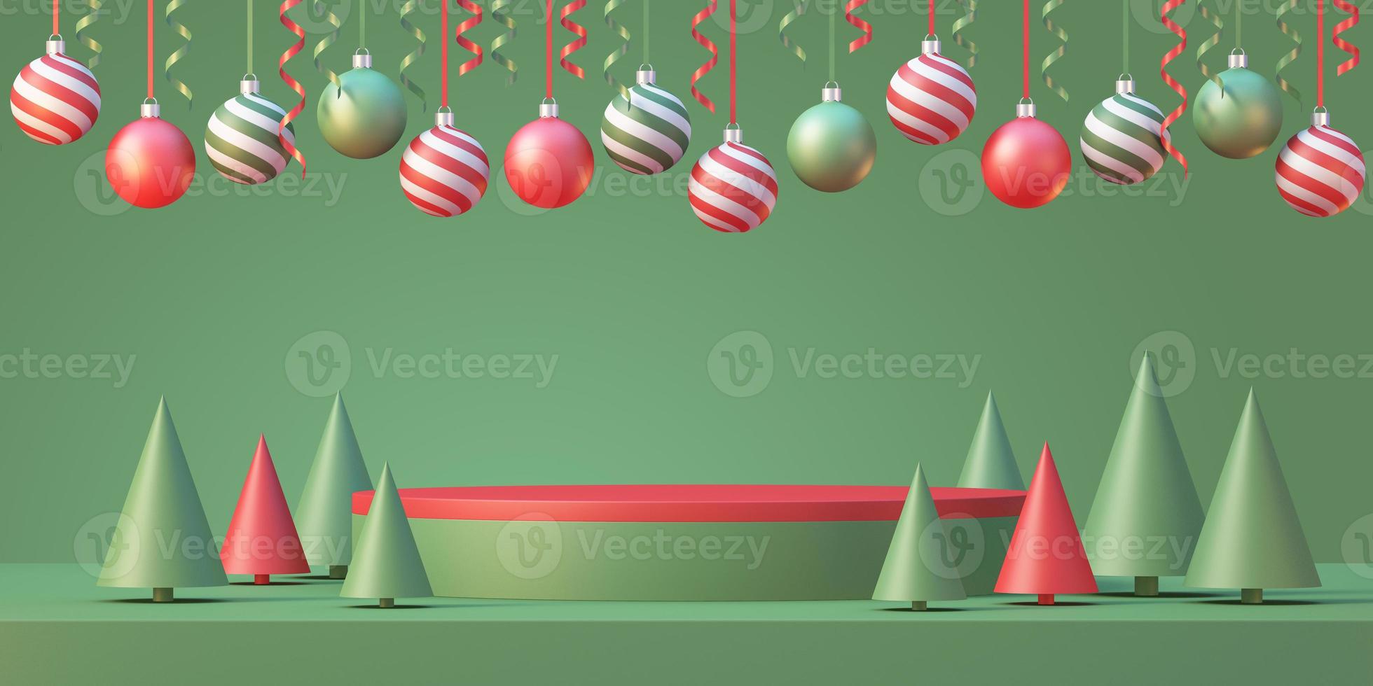 Kerstmis en nieuwjaar product podium mockup display achtergrond met kerstboom en kerst bal met lint, 3d render achtergrond foto