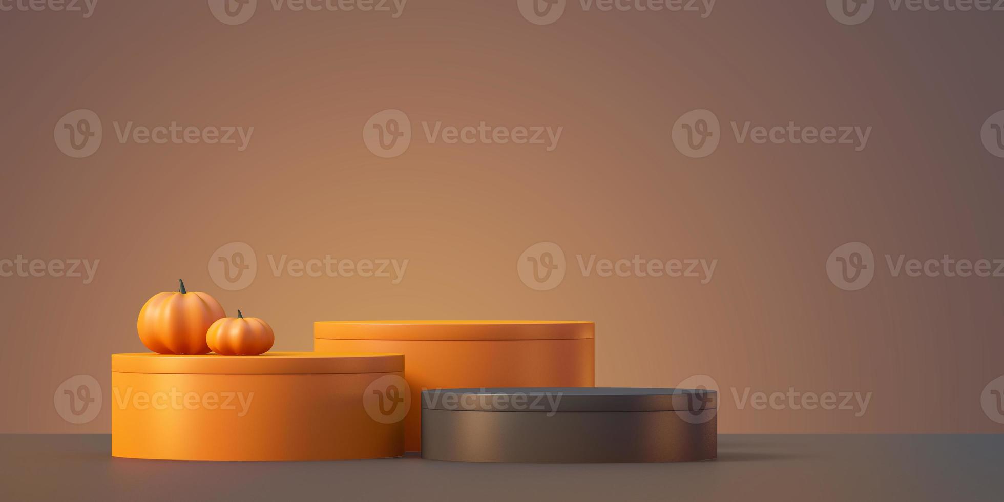Halloween-productmodelachtergrond met 3d oranje productpodiumvertoning en pompoen, 3d geef illustratie terug foto