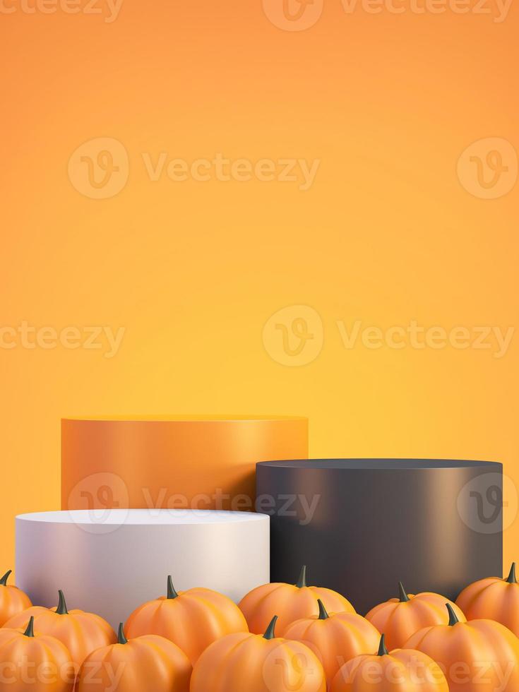 Halloween-productmodelachtergrond met 3d oranje productpodiumvertoning en pompoen, 3d geef illustratie terug foto