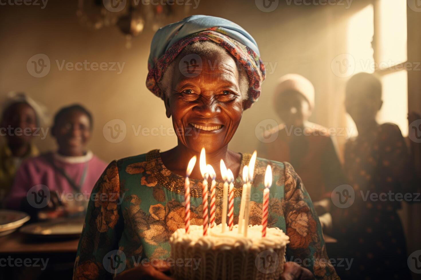 ai gegenereerd Afrikaanse vrouw slagen uit kaarsen Aan een verjaardag taart in haar huis foto