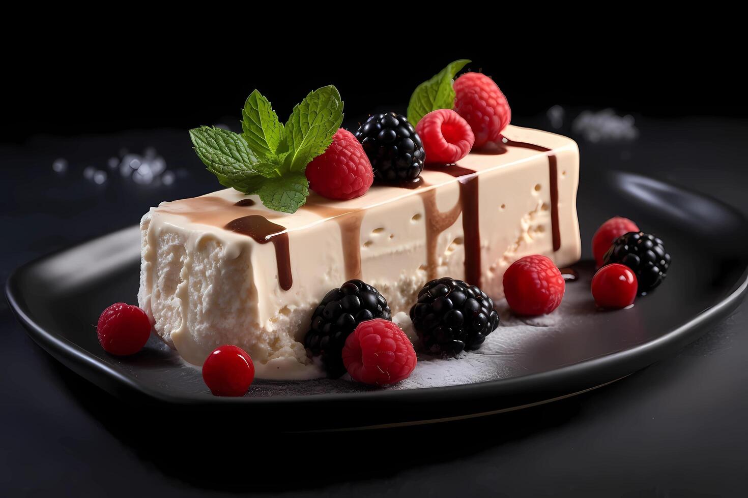 ai gegenereerd semifreddo - afkomstig in Italië, semifreddo is een bevroren toetje vergelijkbaar naar ijs room maar met een aansteker textuur, vaak gearomatiseerd met fruit, noten, of chocola foto