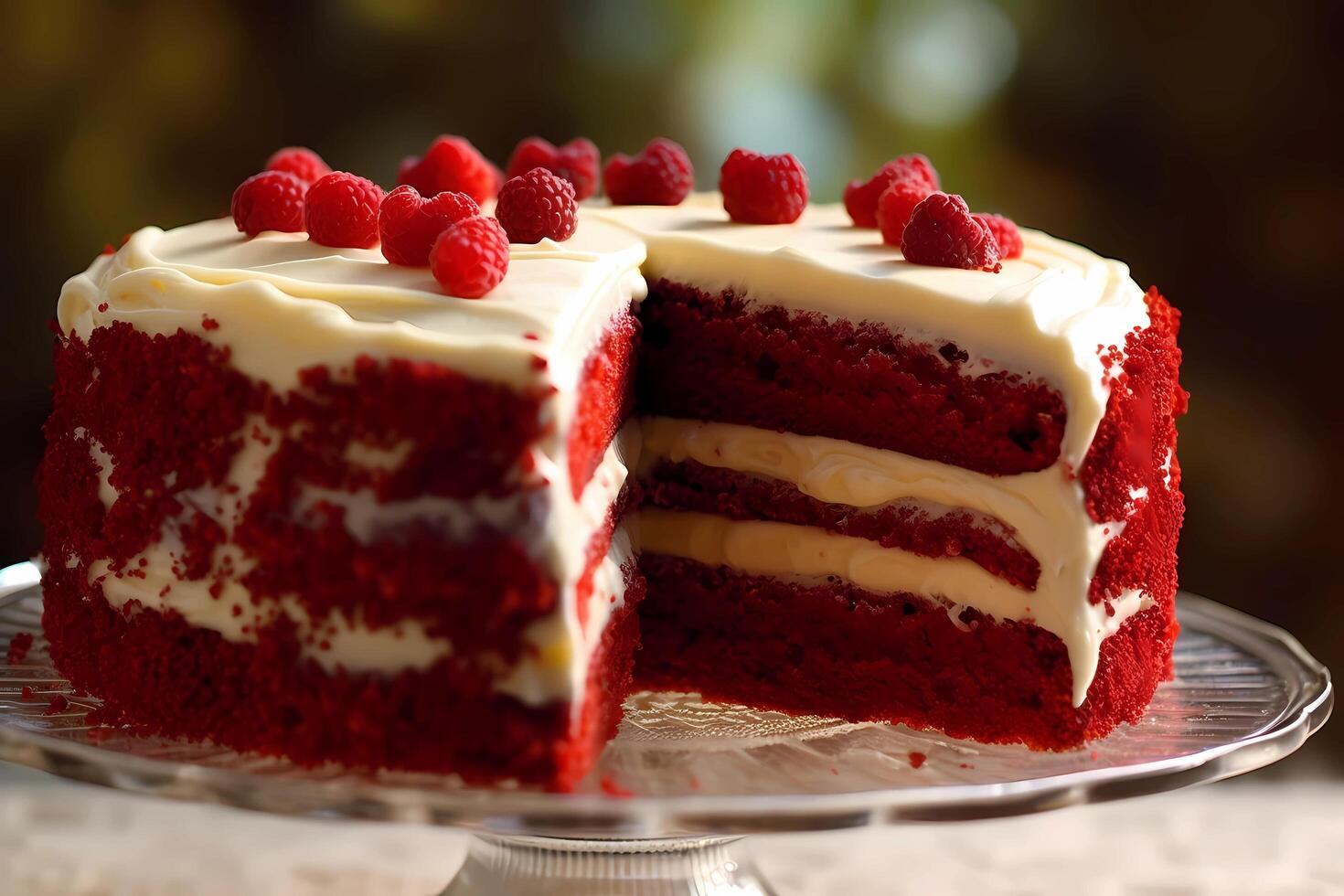 ai gegenereerd rood fluweel taart - populair in de Verenigde staten, rood fluweel taart is een vochtig en fluwelig cacao-smaak taart met een kenmerkend rood kleur, vaak gelaagde met room kaas glimmertjes foto